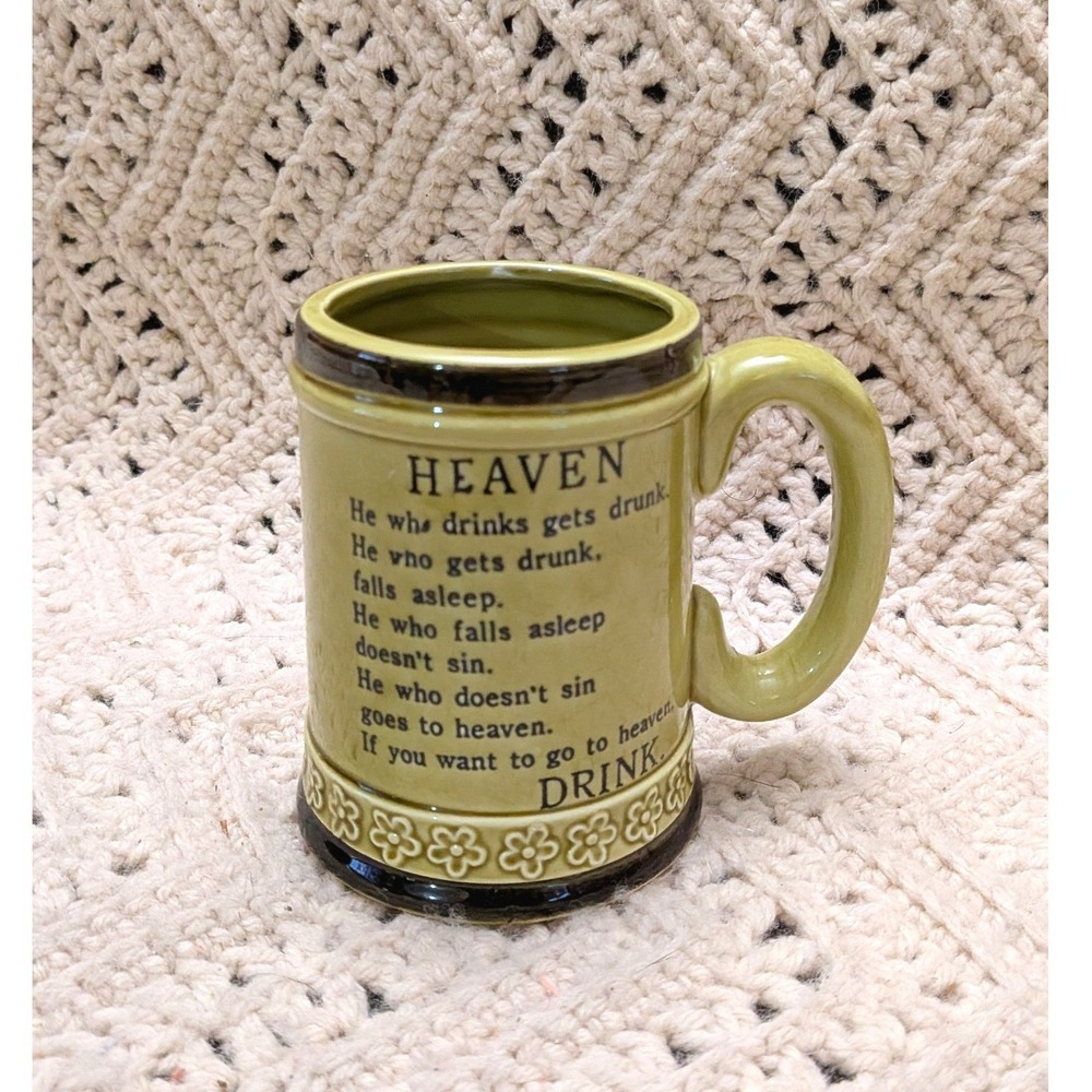 Vintage Made in Japan Green Ceramic Beer Stein Mug He Who Drinks Gets Drunk Poem